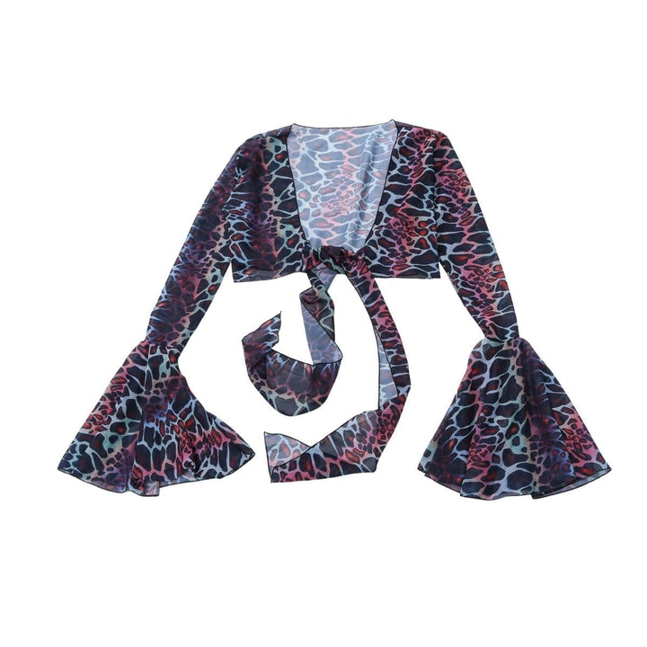 Leopard print contrast self tie halter backless ruched bikini swimwear