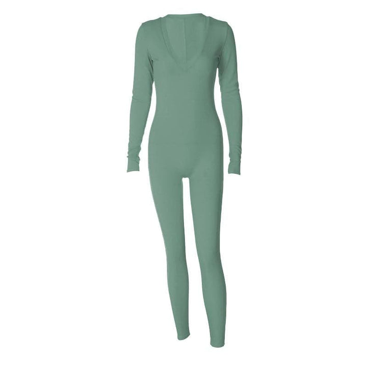 Ribbed solid long sleeve v neck jumpsuit  | Festival Outfits Women