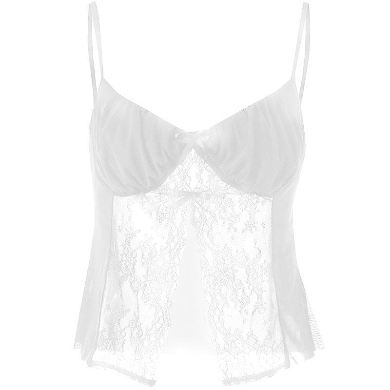 Lace patchwork ruched solid v neck slit cami crop top-final-sale