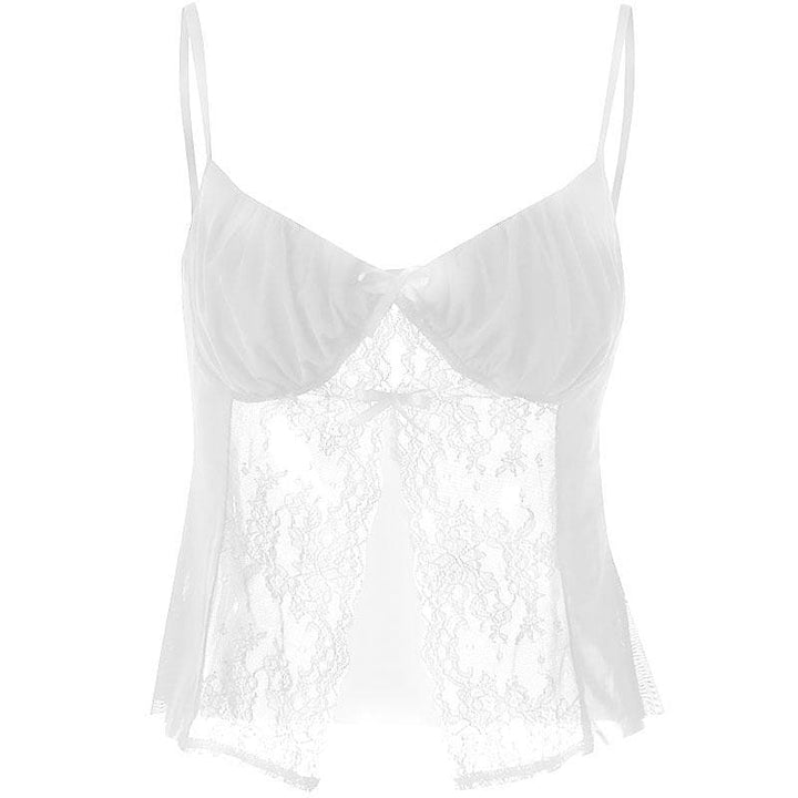 Lace patchwork ruched solid v neck slit cami crop top-final-sale