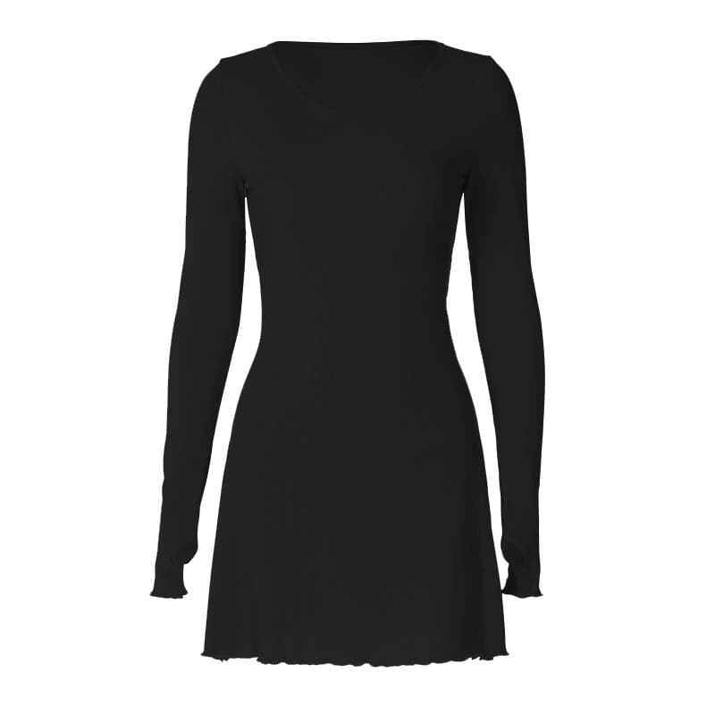 Ribbed solid long sleeve gloves lace up ruffle mini dress  | Festival Outfits Women