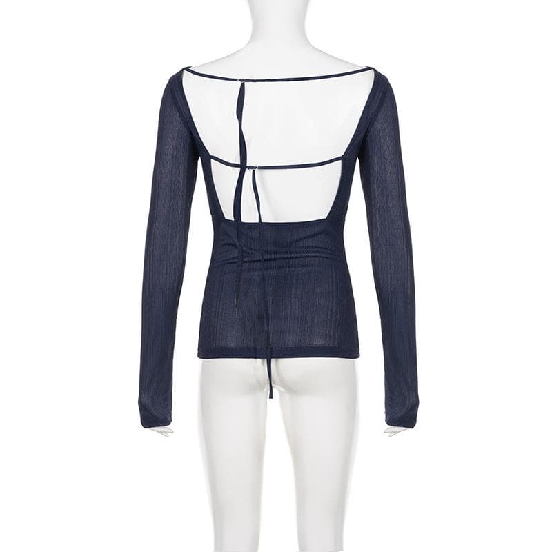 Round neck hollow out backless long sleeve solid cut out top
