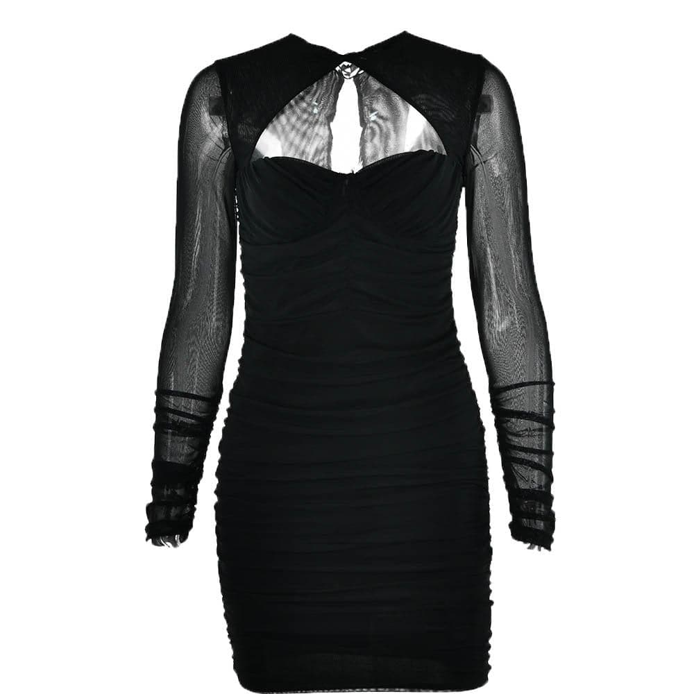Hollow out ruched mesh long sleeve zip-up button cut out mini dress