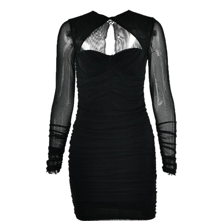 Hollow out ruched mesh long sleeve zip-up button cut out mini dress