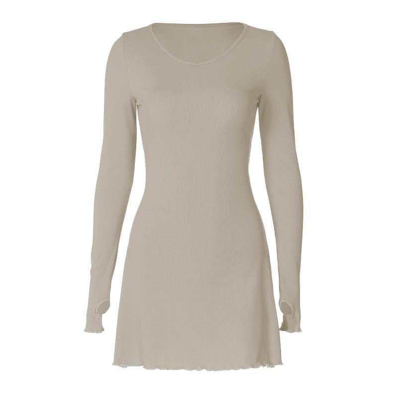 Ribbed solid long sleeve gloves lace up ruffle mini dress  | Festival Outfits Women