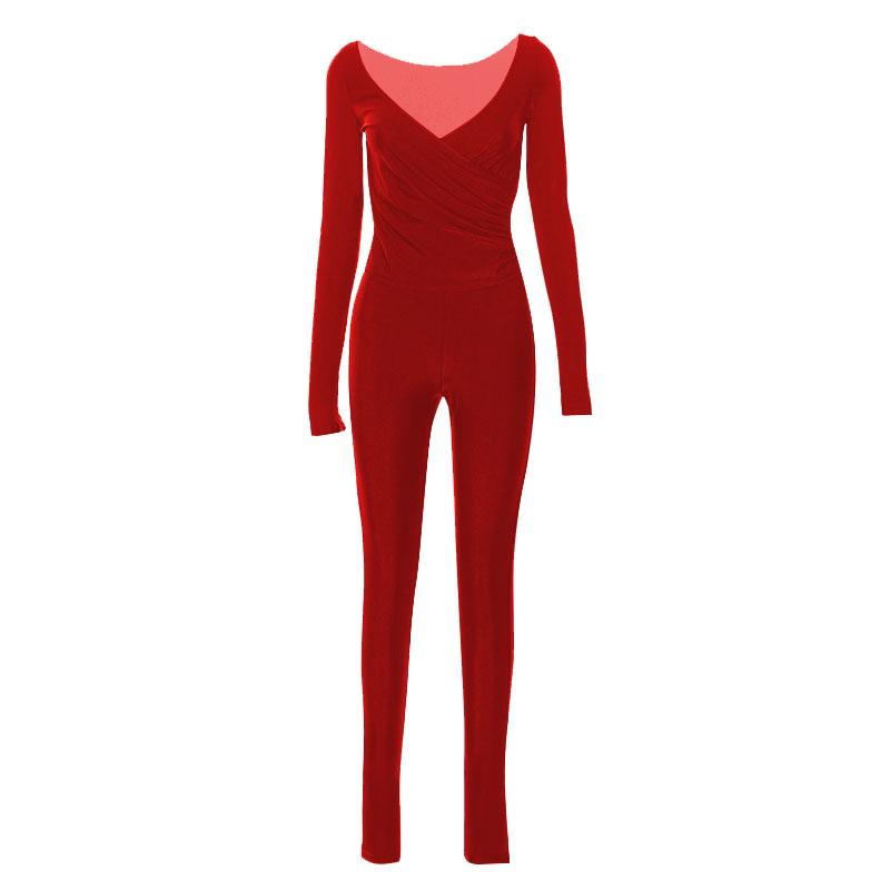 Long sleeve gloves solid v neck ruched jumpsuit