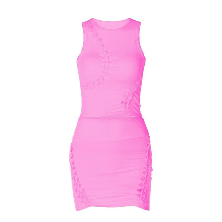 Hollow out solid sleeveless irregular crewneck mini skirt set