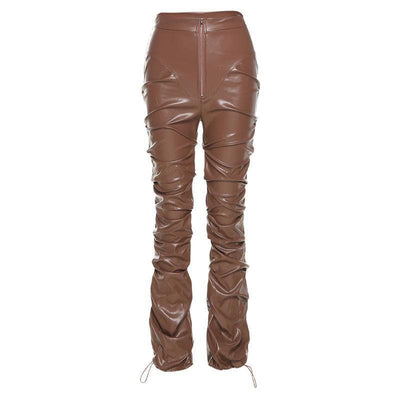 Pantalon en cuir PU zippé et froncé - Halibuy
