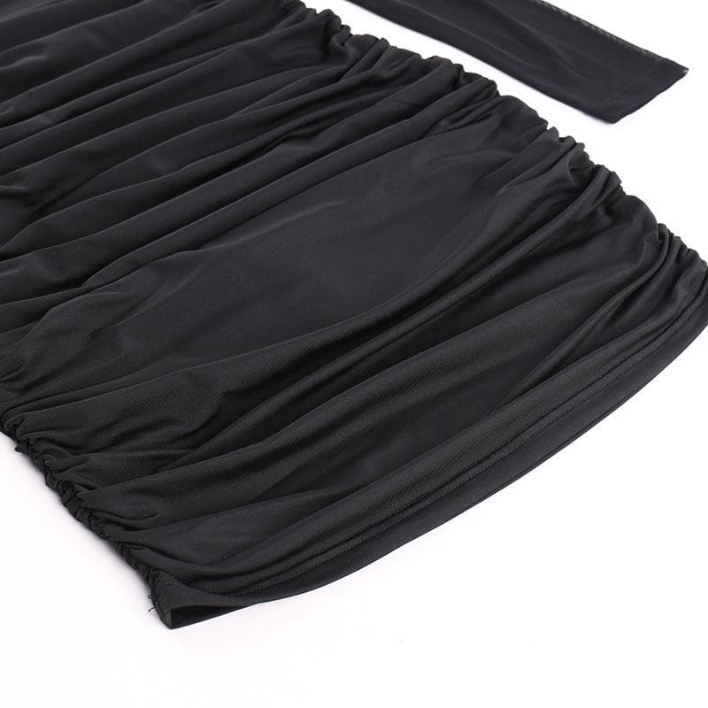 Flower applique mesh ruched off shoulder long sleeve mini dress  | Festival Outfits Women