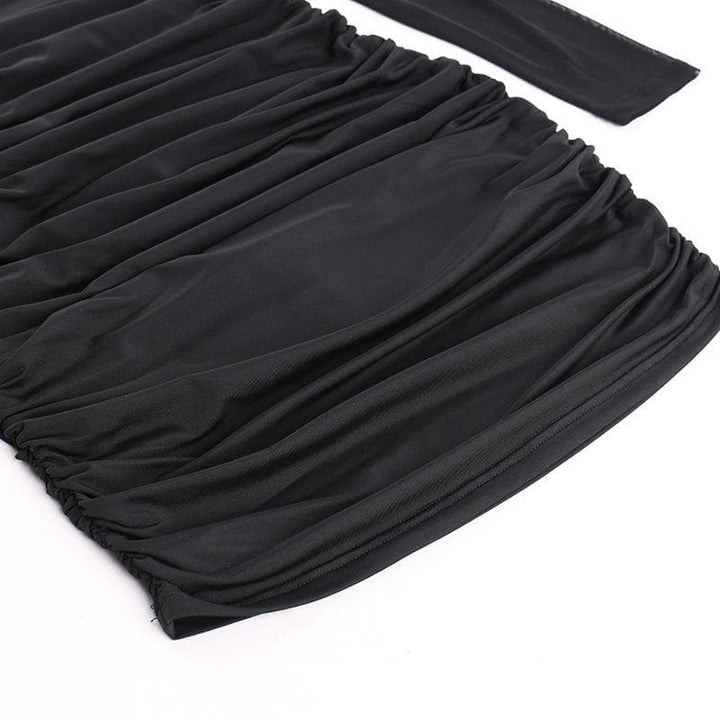 Flower applique mesh ruched off shoulder long sleeve mini dress  | Festival Outfits Women