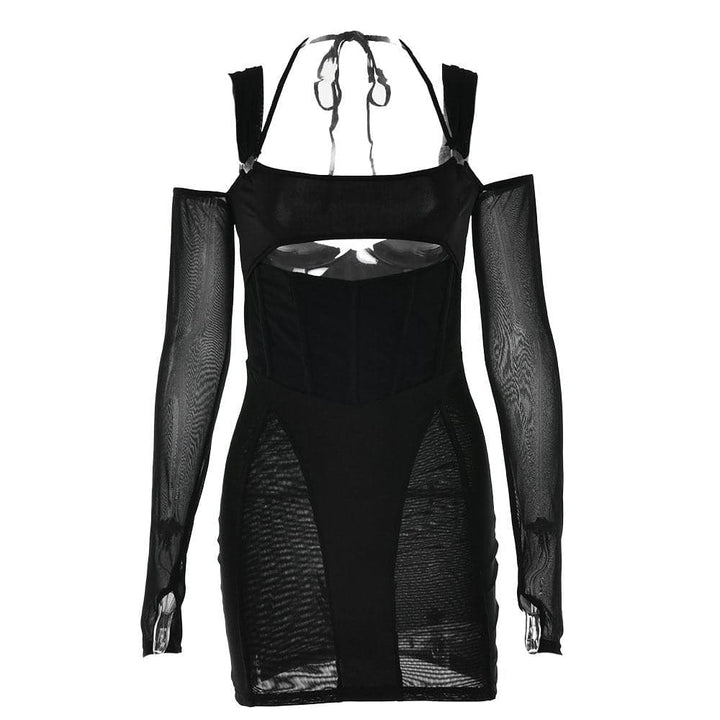 Gloves mesh corset off shoulder hollow out long sleeve halter cut out mini dress