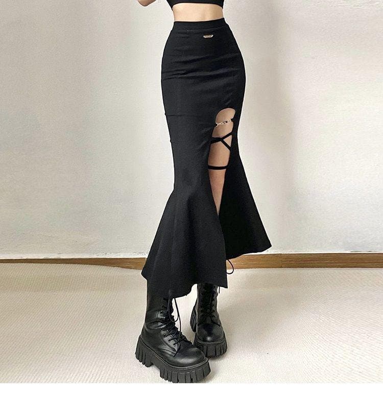 Lace up solid slit metal tag zip-up fishtail skirt-final-sale