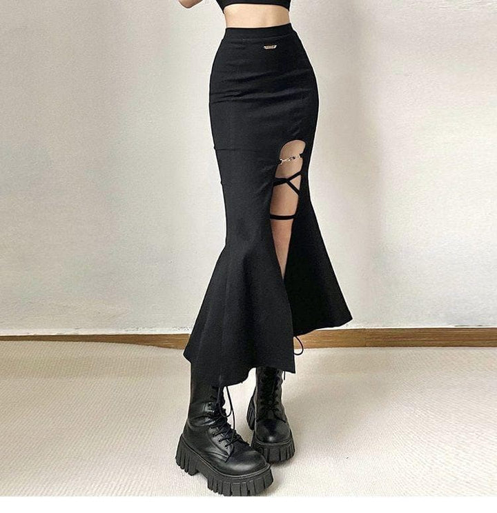 Lace up solid slit metal tag zip-up fishtail skirt-final-sale