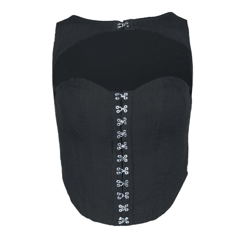 Hollow out button sleeveless corset low cut denim cut out top  | Festival Outfits Women