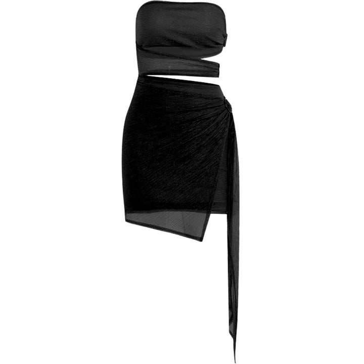O ring hollow out irregular ruffle ribbed ruched tube cut out mini dress  | Festival Outfits Women