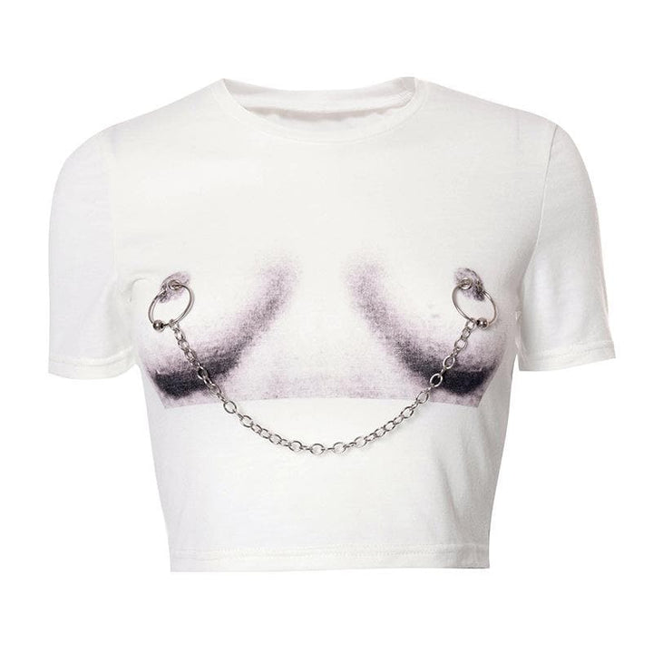 Body print metal chain contrast short sleeve crop top-final-sale