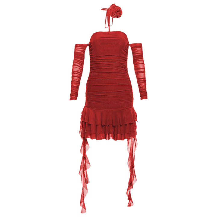 Long sleeve sheer mesh flower applique mini dress  | Festival Outfits Women