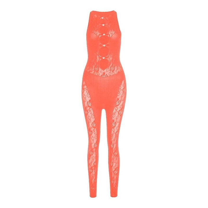 Hollow out lace crewneck button fishnet sleeveless solid jumpsuit