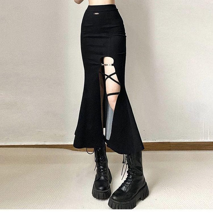 Lace up solid slit metal tag zip-up fishtail skirt-final-sale