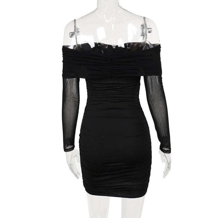 Flower applique mesh ruched off shoulder long sleeve mini dress  | Festival Outfits Women