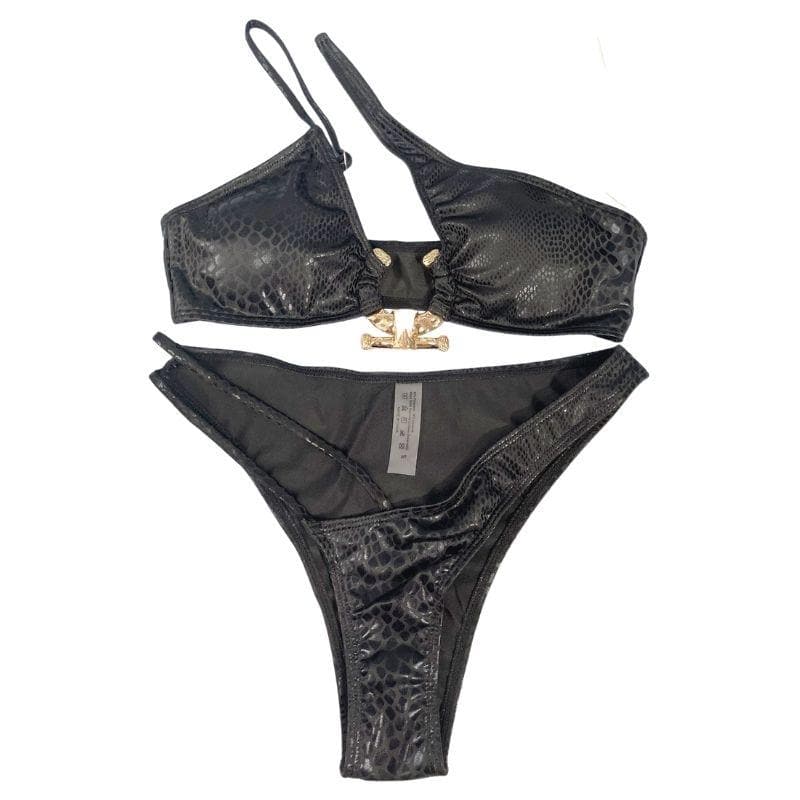 Kayan ninkaya na bikini mai santsi da aka yi da zobe mai ƙarfe ɗaya a kafaɗa ɗaya