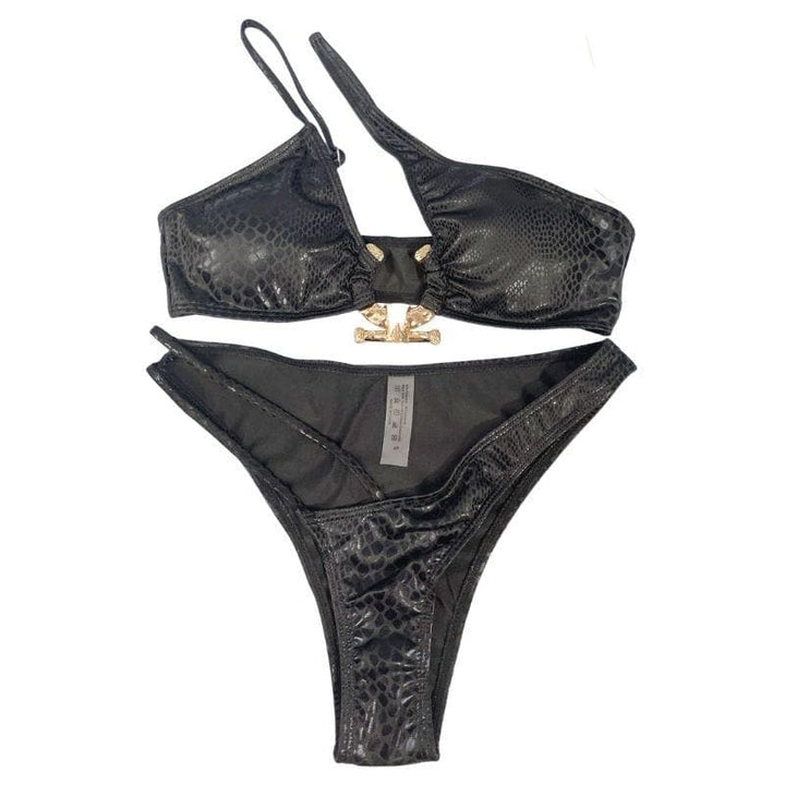 Kayan ninkaya na bikini mai santsi da aka yi da zobe mai ƙarfe ɗaya a kafaɗa ɗaya