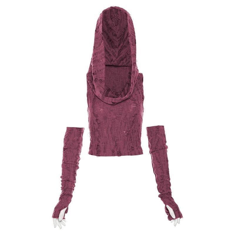 Textured off shoulder hoodie gloves cowl neck crop top