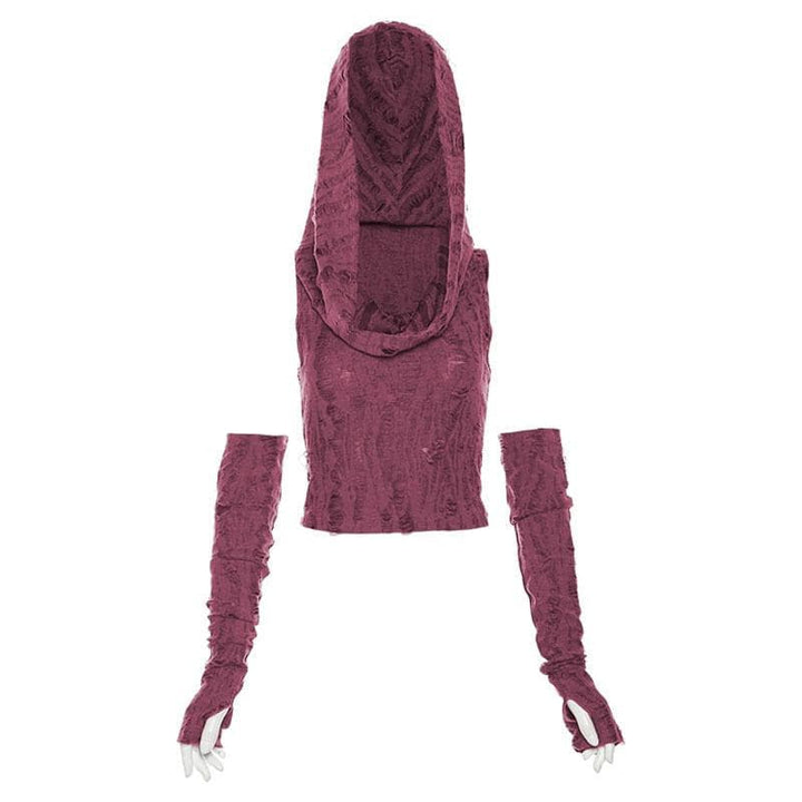 Textured off shoulder hoodie gloves cowl neck crop top