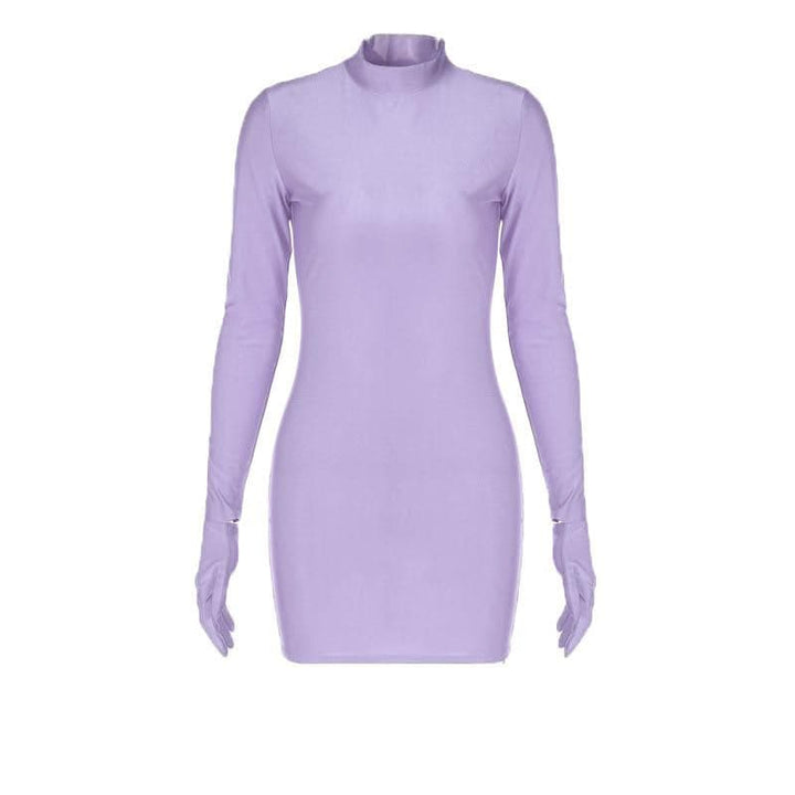 High neck long sleeve gloves solid mini dress