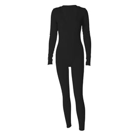 Ribbed solid long sleeve v neck jumpsuit  | Festival Outfits Women