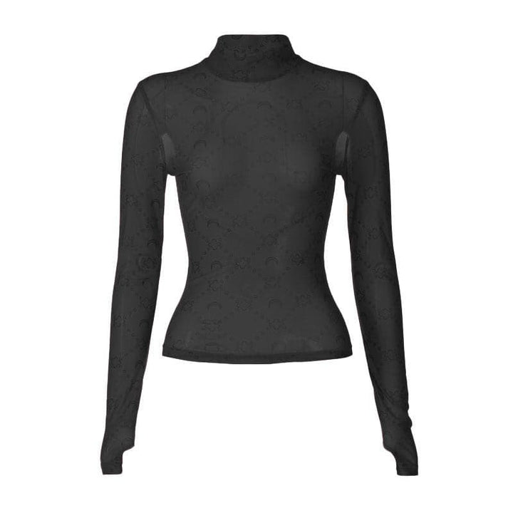 Sheer mesh see through solid long sleeve gloves print high neck top
