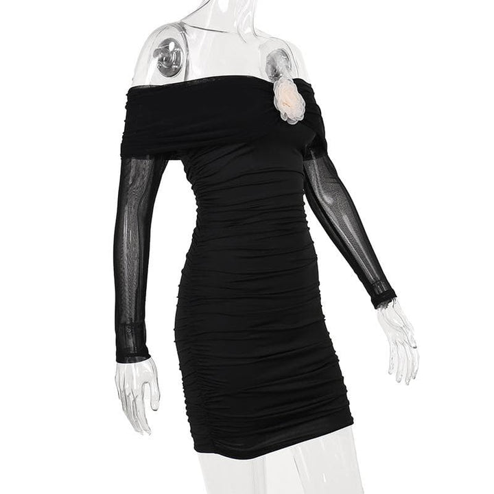 Flower applique mesh ruched off shoulder long sleeve mini dress  | Festival Outfits Women