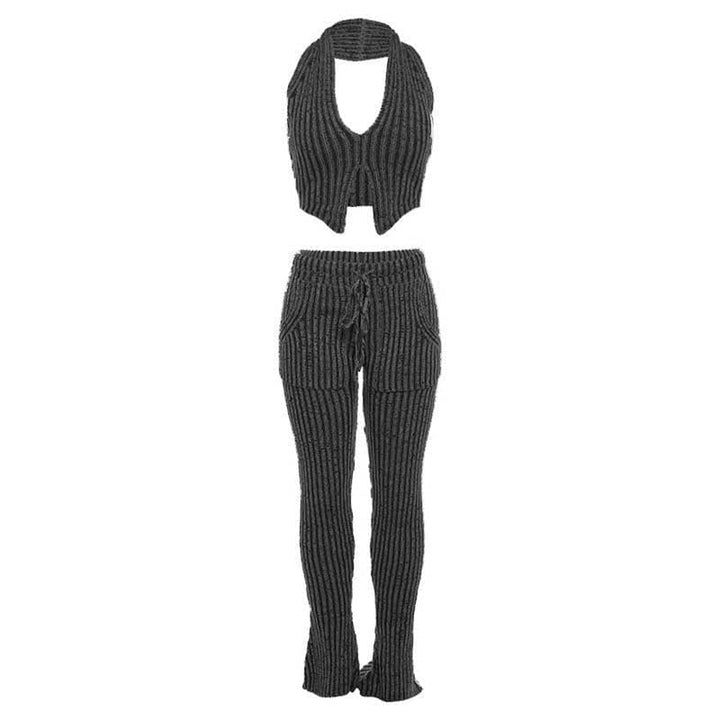 Textured striped contrast halter slit pocket v neck pant set