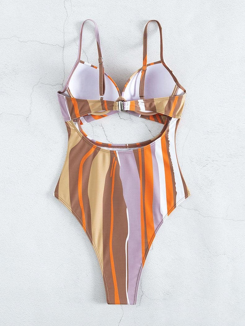 Contrast striped hollow out button padded one piece swimwear