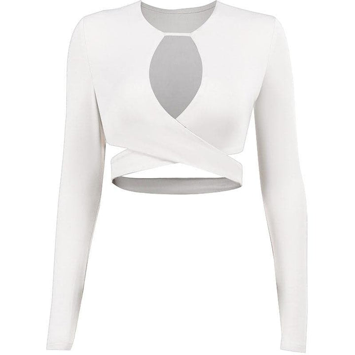 Hollow out solid cross front low cut long sleeve crop cut out top - Final Sale