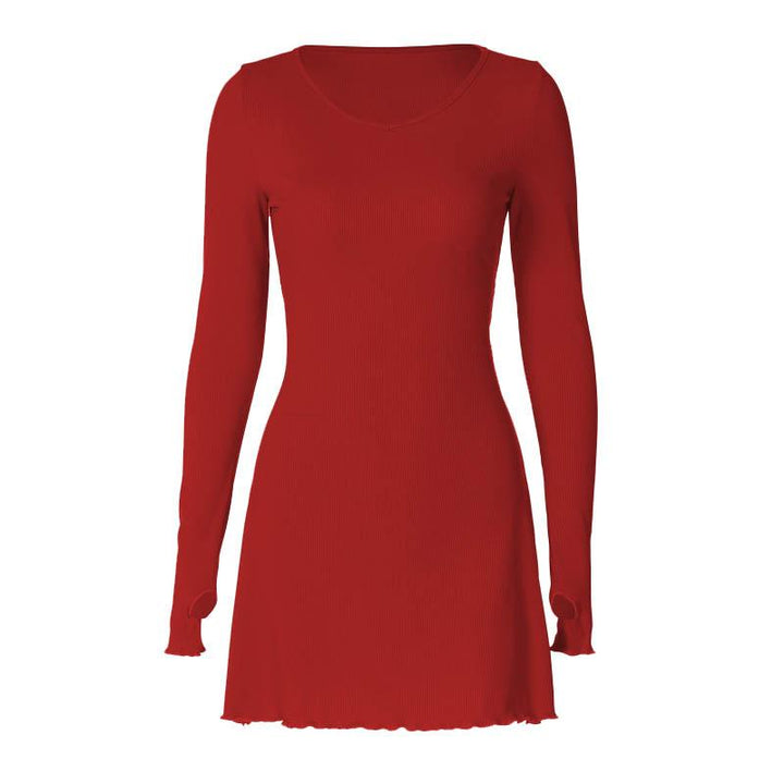 Ribbed solid long sleeve gloves lace up ruffle mini dress  | Festival Outfits Women