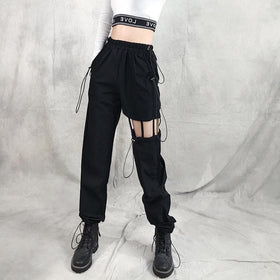 Hollow out drawstring solid medium rise cargo pant Parachute pants