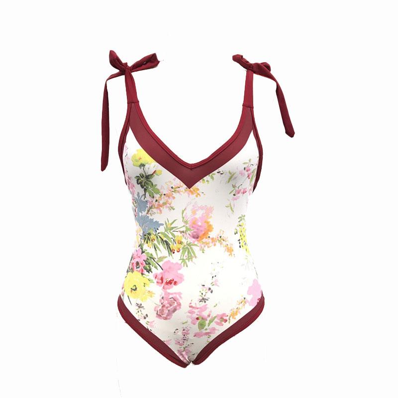 Contrast v neck self tie one piece swimwear with beach skirt