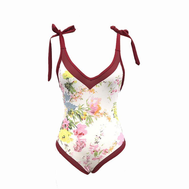 Contrast v neck self tie one piece swimwear with beach skirt