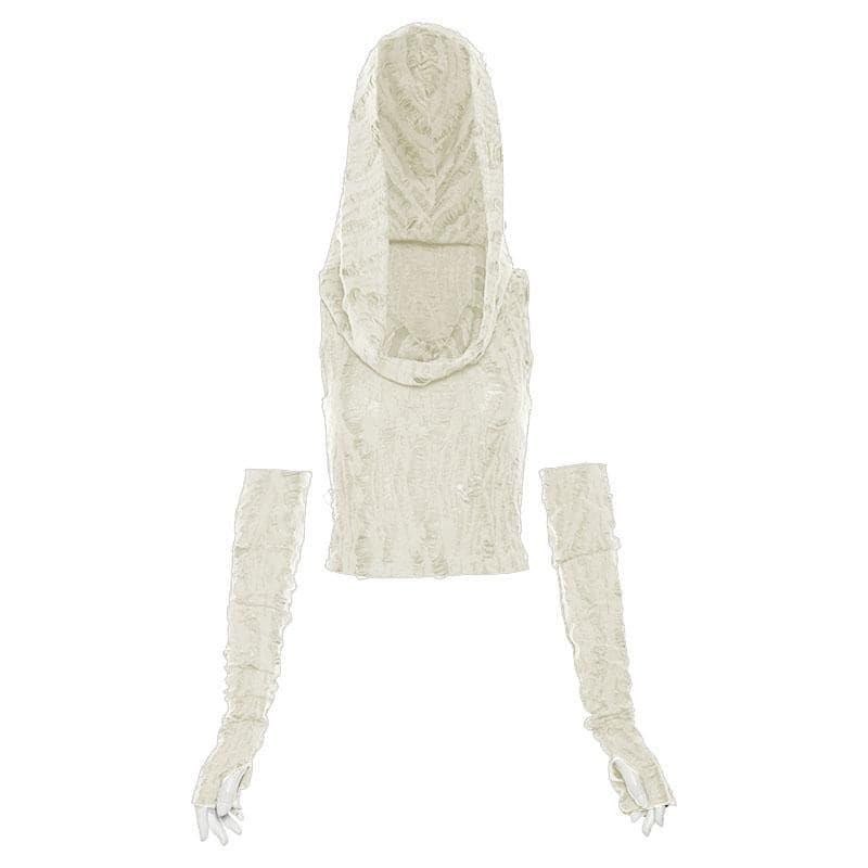 Textured off shoulder hoodie gloves cowl neck crop top