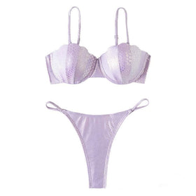 Solid backless glitter self tie padded bikini swimwear