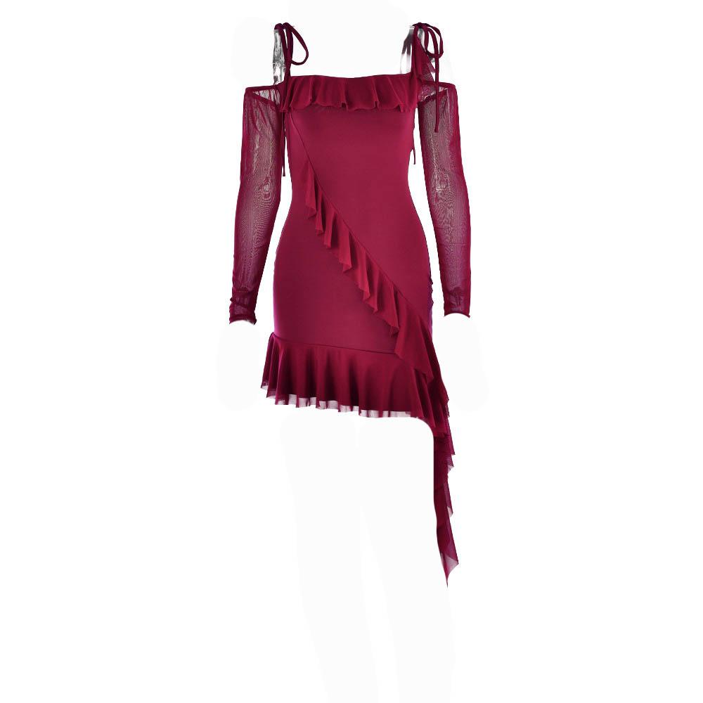 Ruffle self tie irregular off shoulder mesh long sleeve mini dress
