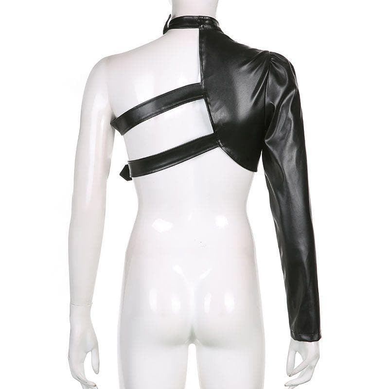 Long sleeve one shoulder solid PU leather metal button crop top-final-sale