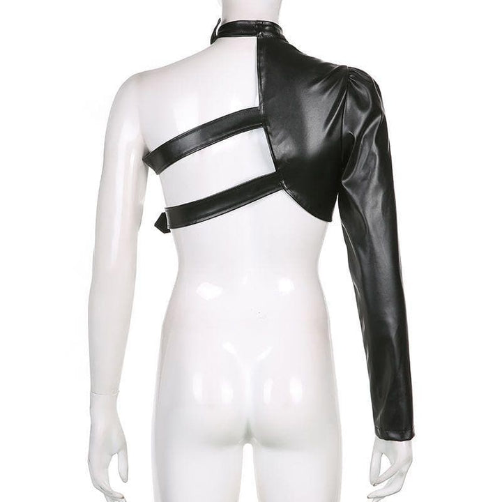 Long sleeve one shoulder solid PU leather metal button crop top-final-sale