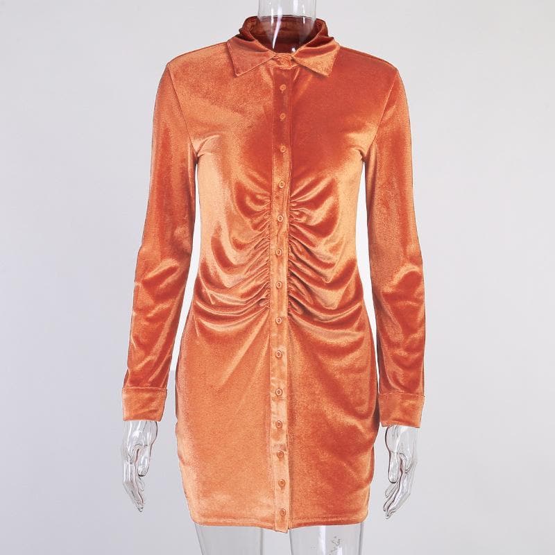 Button-through turnover collar ruched dress - Halibuy