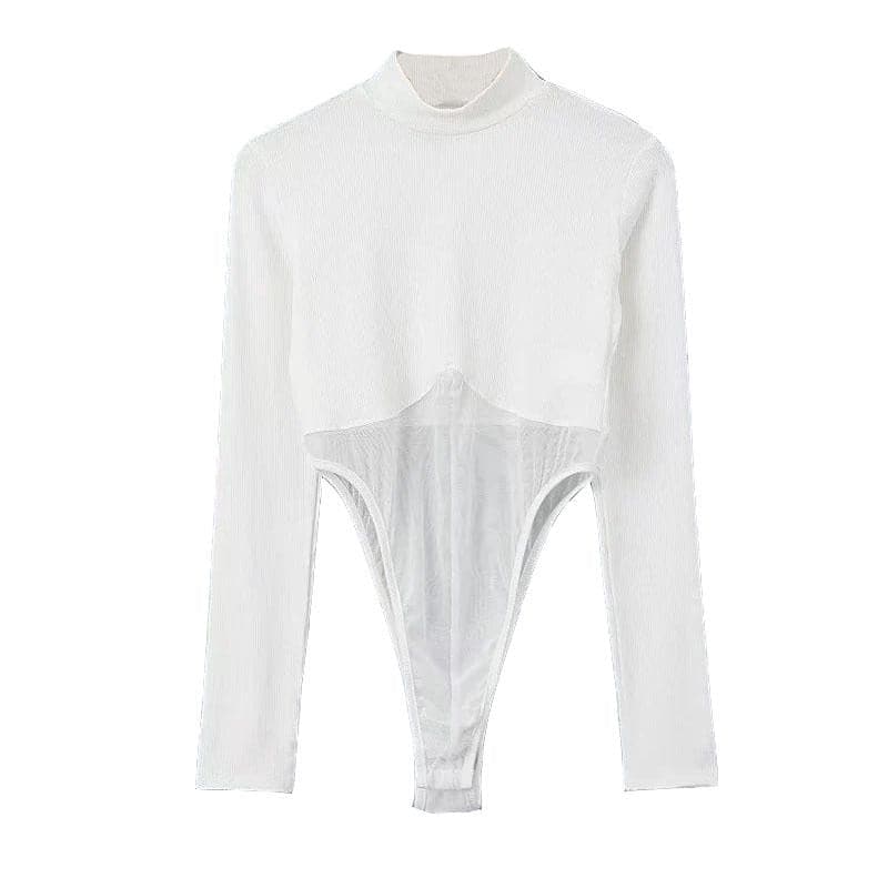 Mesh long sleeve high neck solid bodysuit top-final-sale