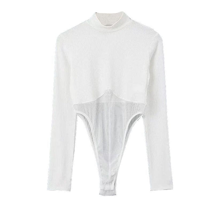 Mesh long sleeve high neck solid bodysuit top-final-sale