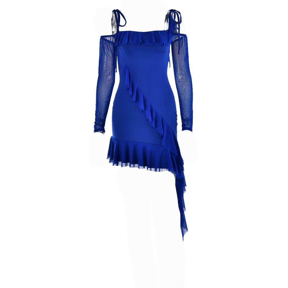 Ruffle self tie irregular off shoulder mesh long sleeve mini dress
