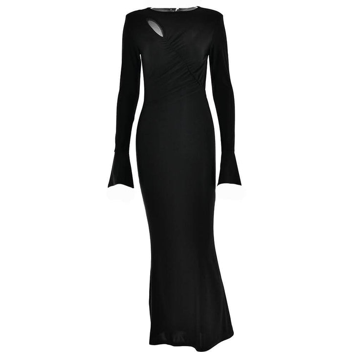 Ruched solid hollow out irregular long sleeve cut out maxi dress - Final Sale