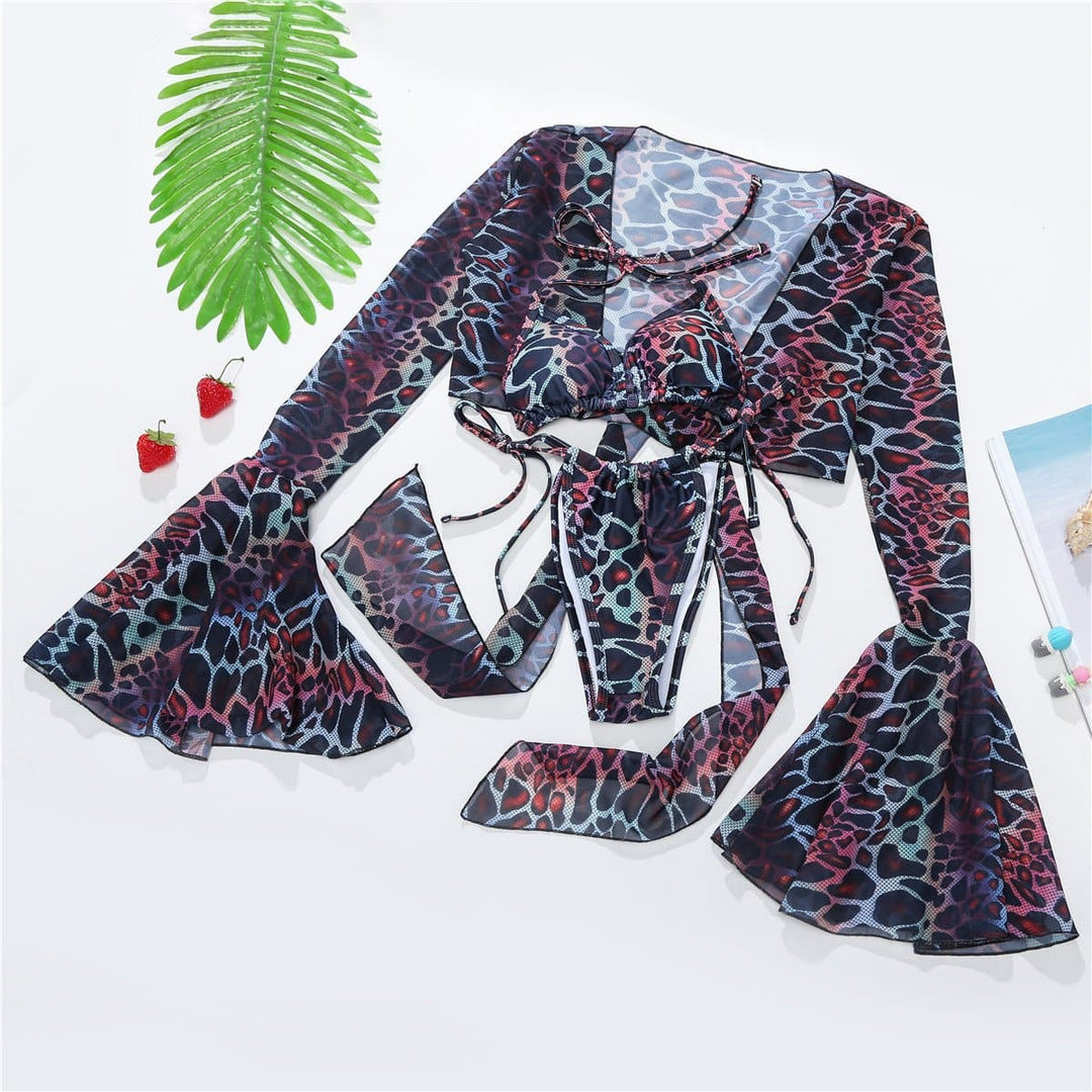 Leopard print contrast self tie halter backless ruched bikini swimwear